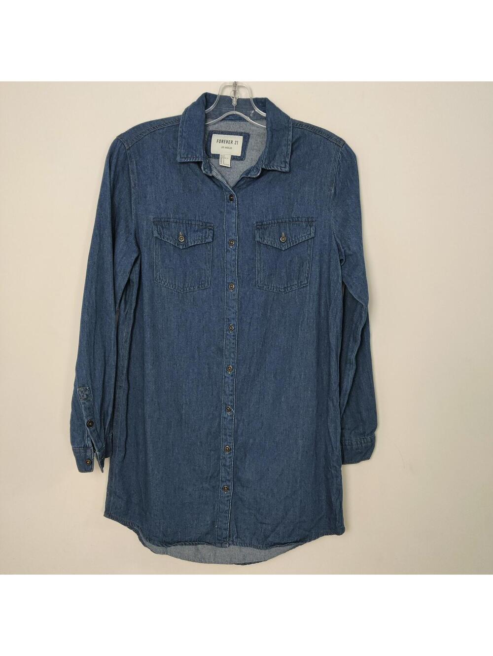 Forever 21 Denim Shirt Dress Womens Small Blue Jean Button Up Long Sleeve